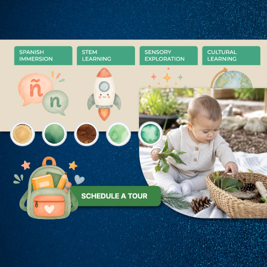 Edina Daycare website branding assets. Custom visual identity assets created for Edina Daycare website redesign, featuring program icons for Spanish immersion, STEM learning, sensory exploration, and cultural learning, a curated color palette, watercolor-style illustrations, and a childcare-themed hero image used to create a warm, family-focused online experience.